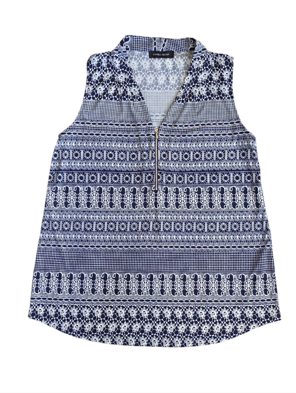 Ivanka Trump Large Blue And White Sleeveless Geometric Print Half Zip Blouse